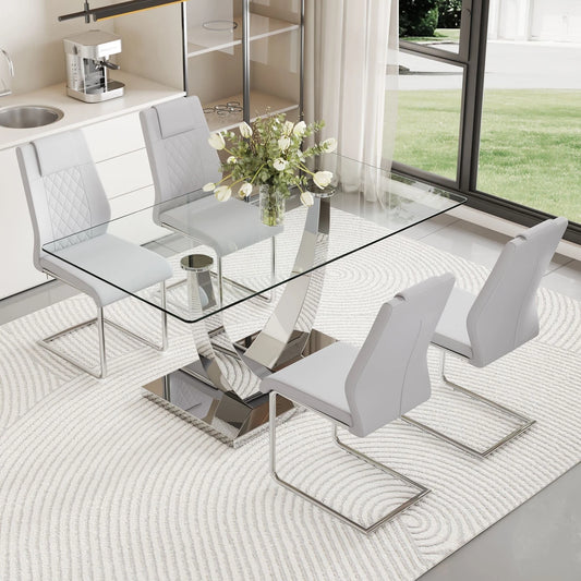 Silver Dining Table Set for 4,5PCS Glass Dining Room Table Set for 4, 63'' Rectangular Tempered Glass Top Kitchen Table Set and 4 Chairs for Dining Room Kitchen