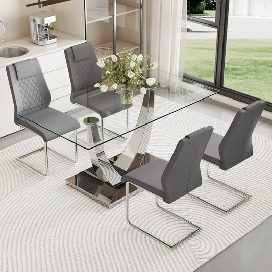 Silver Dining Table Set for 4,5PCS Glass Dining Room Table Set for 4, 63'' Rectangular Tempered Glass Top Kitchen Table Set and 4 Chairs for Dining Room Kitchen