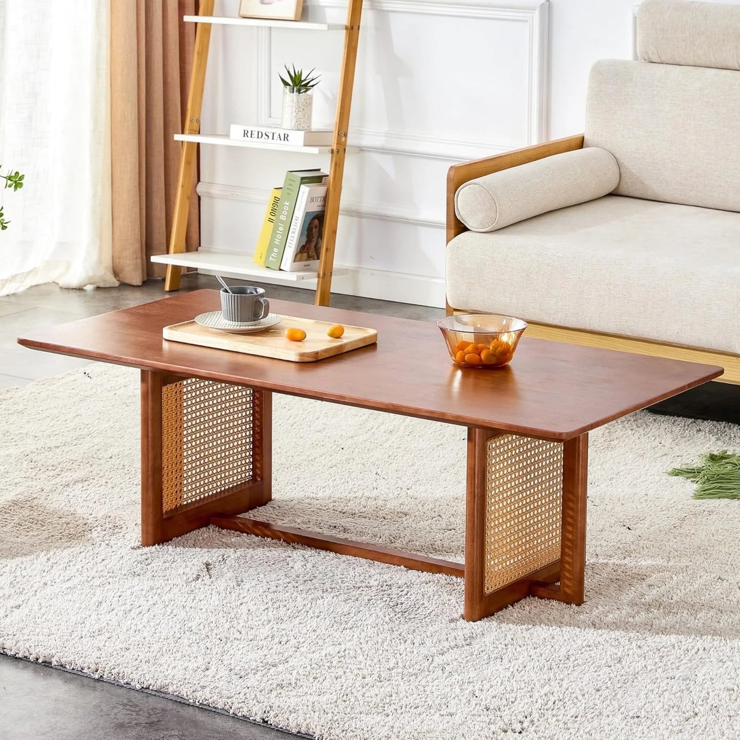 Sudica Coffee Table,47.2”Rectangle Solid Wood Table,Modern Imitation Rattan Coffee Table,Cross Table Legs for Living Room,Walnut
