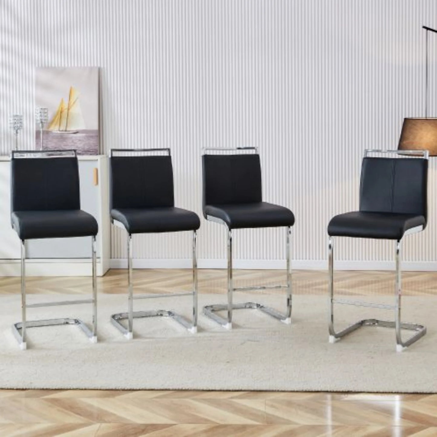 Sudica Counter Height Bar Stools Set of 4,Modern PU Leather Barstools,25 inch Seat Height,Upholstered with Metal Legs,Black