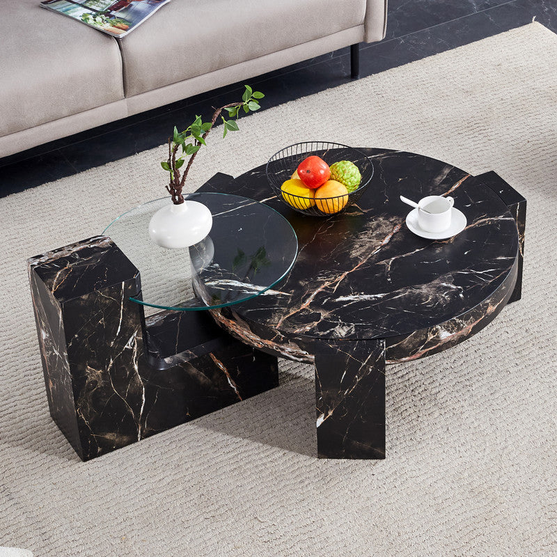 Sudica Detachable Double-decker Coffee Table,30 inch Round Tea Table with Black Faux Marble Base,Center Table for Living Room