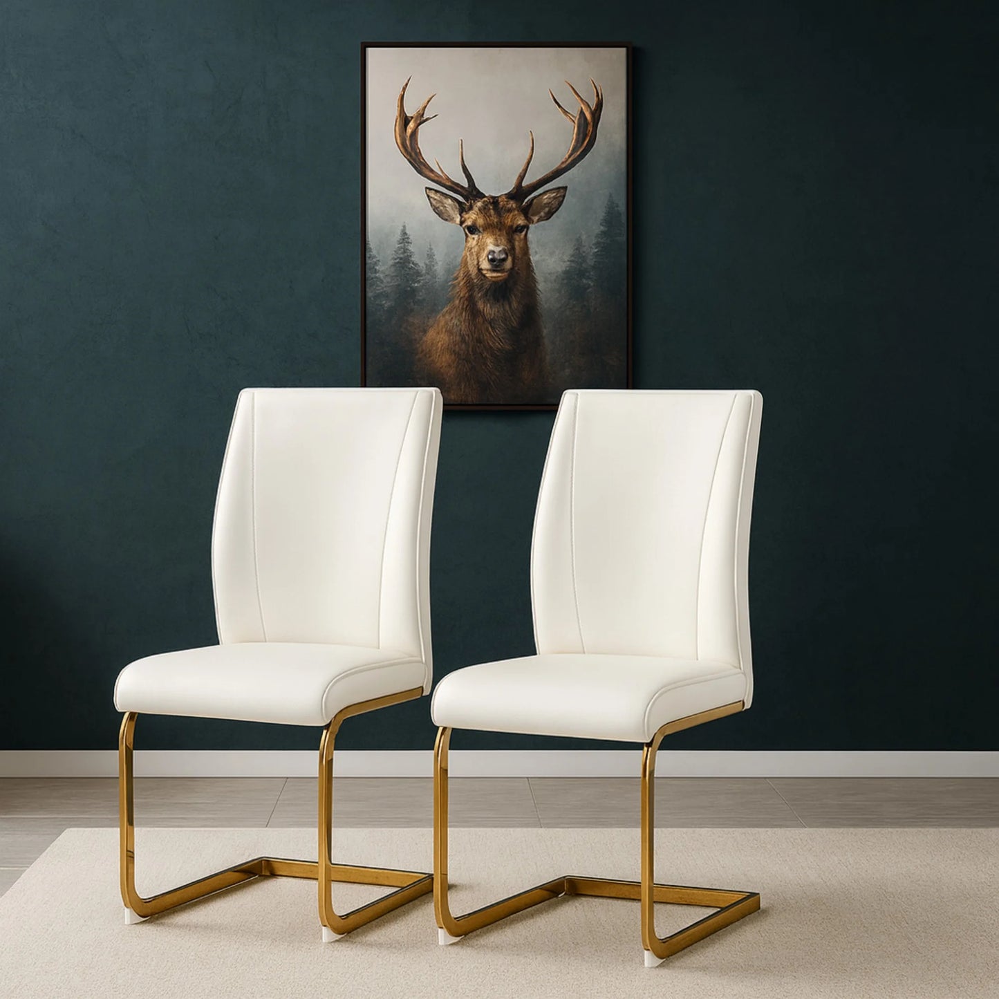 SUDICA Dining Room Chairs, White Faux Leather High Back, Gold Metal Legs, Set of 2