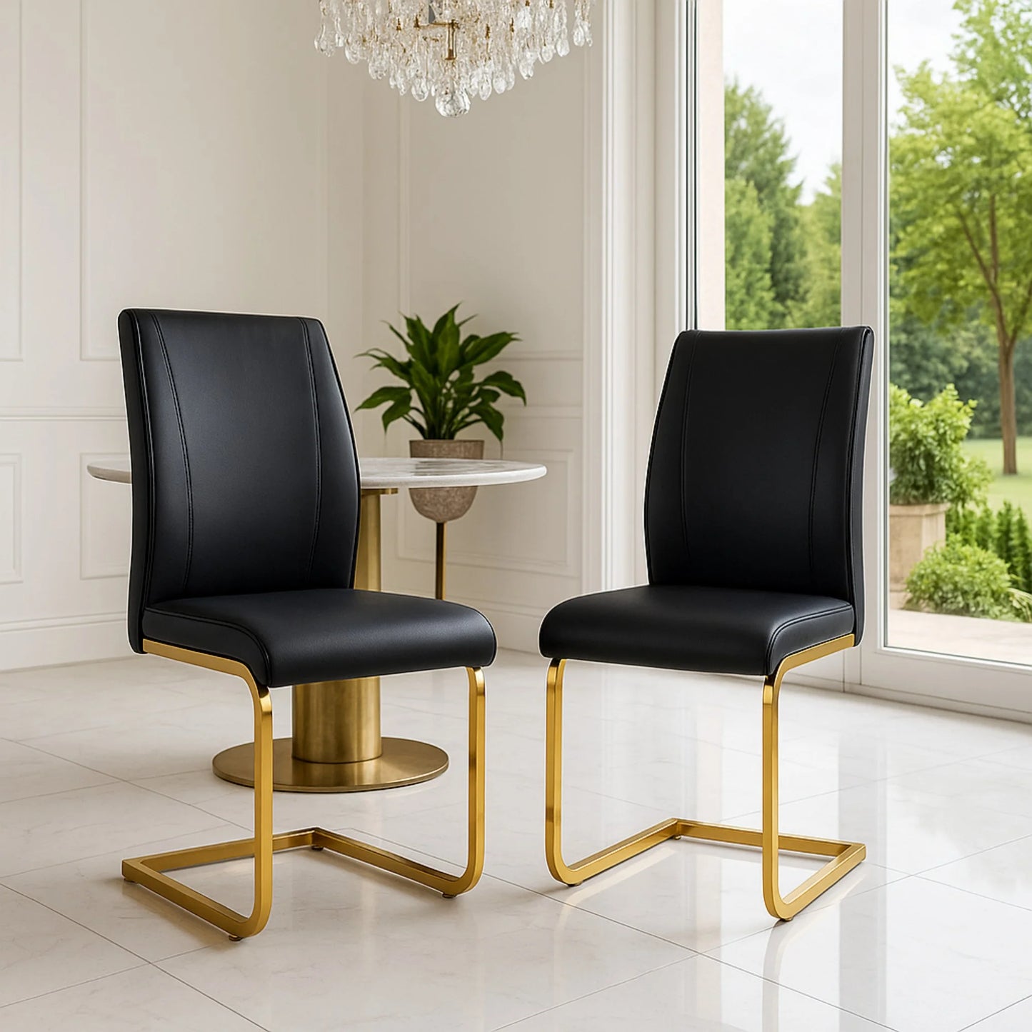 SUDICA Dining Room Chairs, Black Faux Leather High Back, Gold Metal Legs, Set of 2