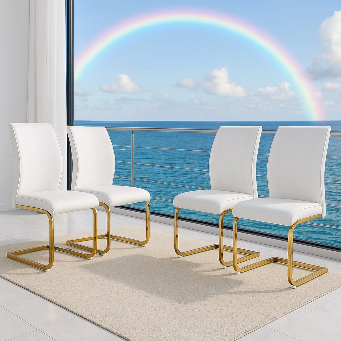 SUDICA Dining Chairs Set of 4, White PU Leather High Back Armless with Gold Legs