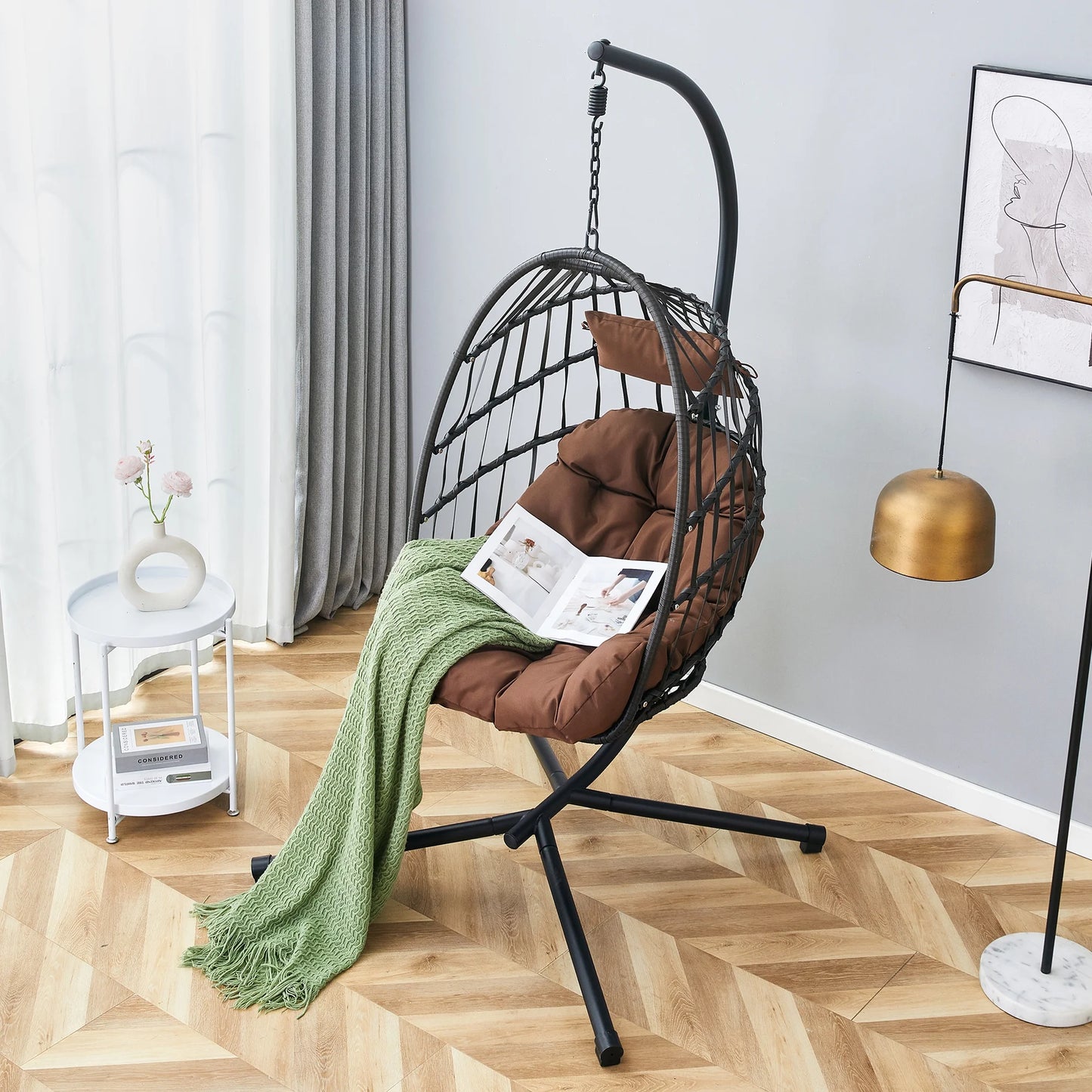 Sudica Hanging Egg Chair with Stand, Wicker Swing Chair with Soft Cushion for Indoor Outdoor Patio