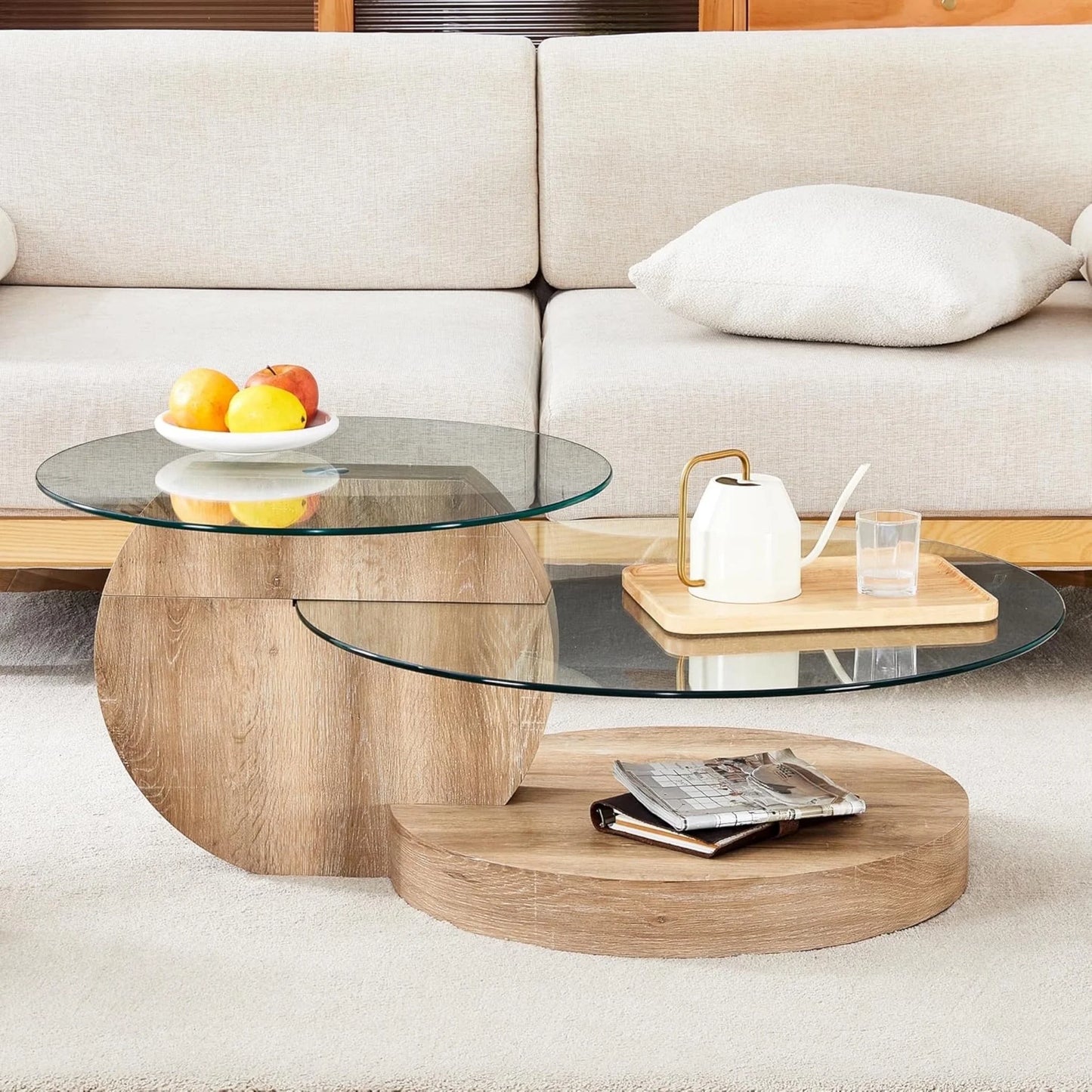 Sudica Modern Coffee Table with Double-layer Round Glass Tabletop 35.4" Tea Table with Natural Wood Faux Marble Patterned Base,Center Table for Living Room