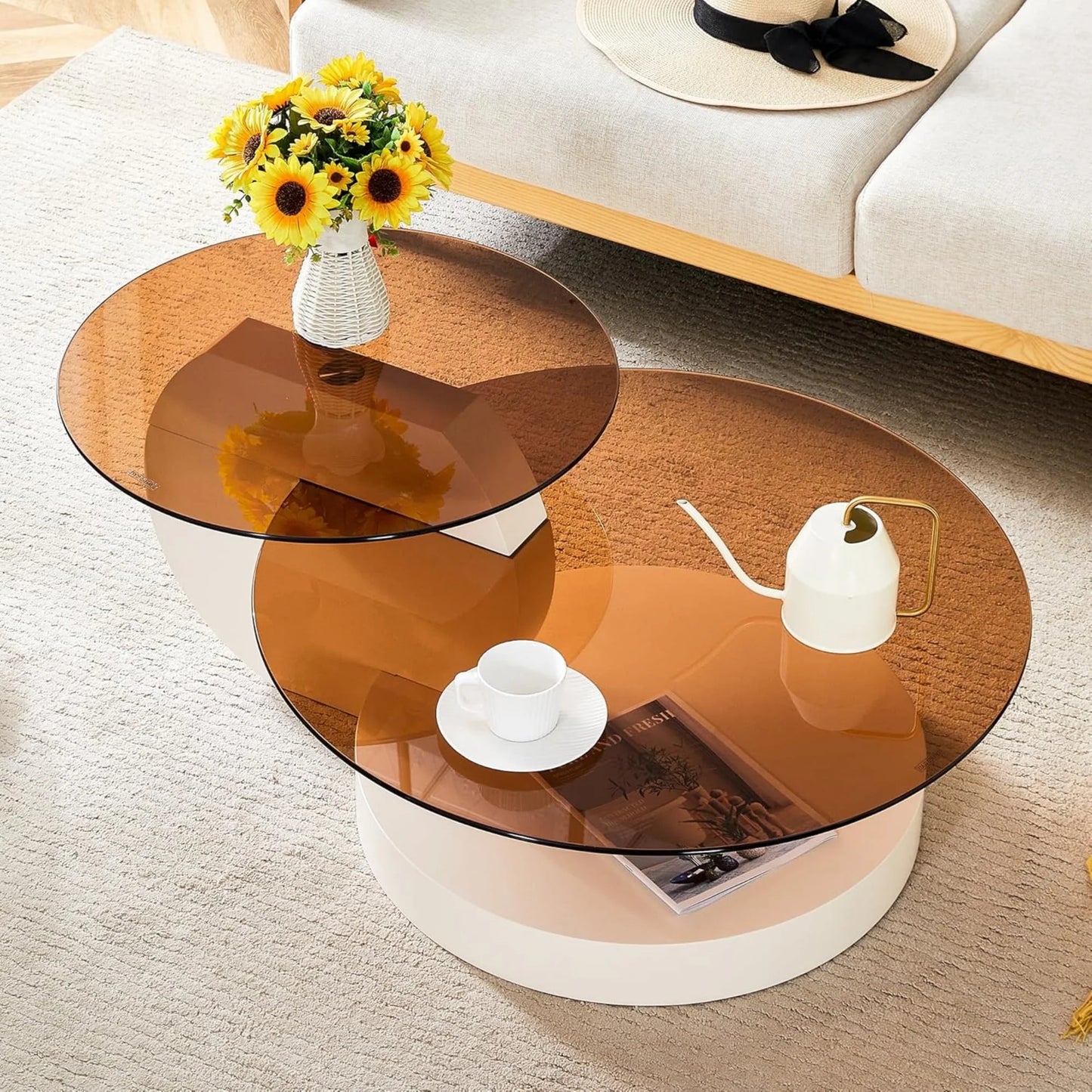 Sudica Modern Coffee Table with Double-layer Round Glass Tabletop 42" Tea Table with Brown Glass and White Faux Marble Patterned Base,Center Table for Living Room