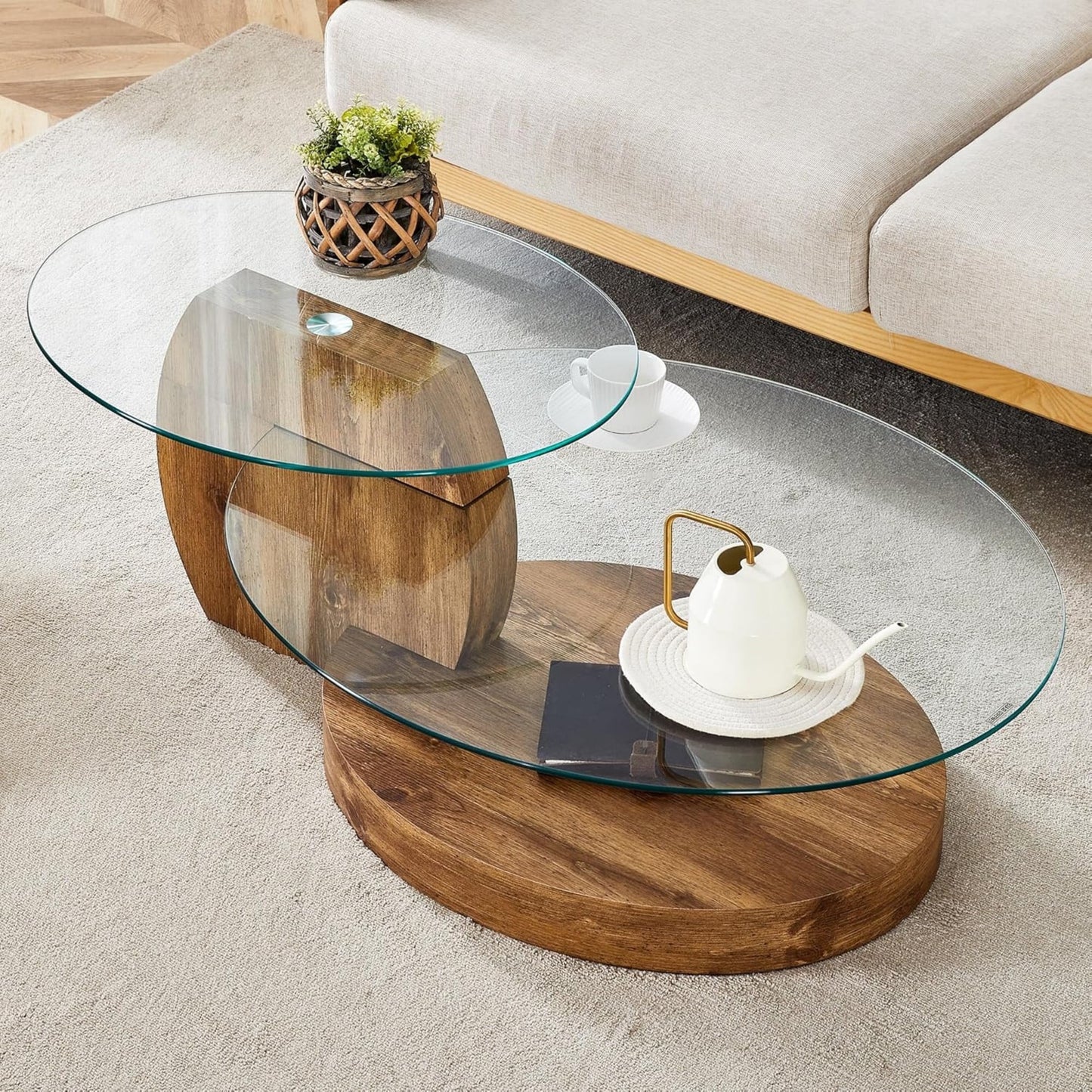 Sudica Modern Coffee Table with Double-layer Round Glass Tabletop,47" Tea Table with Natural Wood Faux Marble Patterned Base,Center Table for Living Room