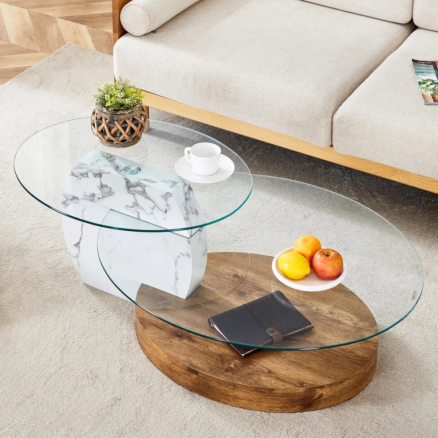Sudica Modern Coffee Table with Double-layer Round Glass Tabletop,47" Tea Table with White and Wood Faux Marble Patterned Base,Center Table for Living Room