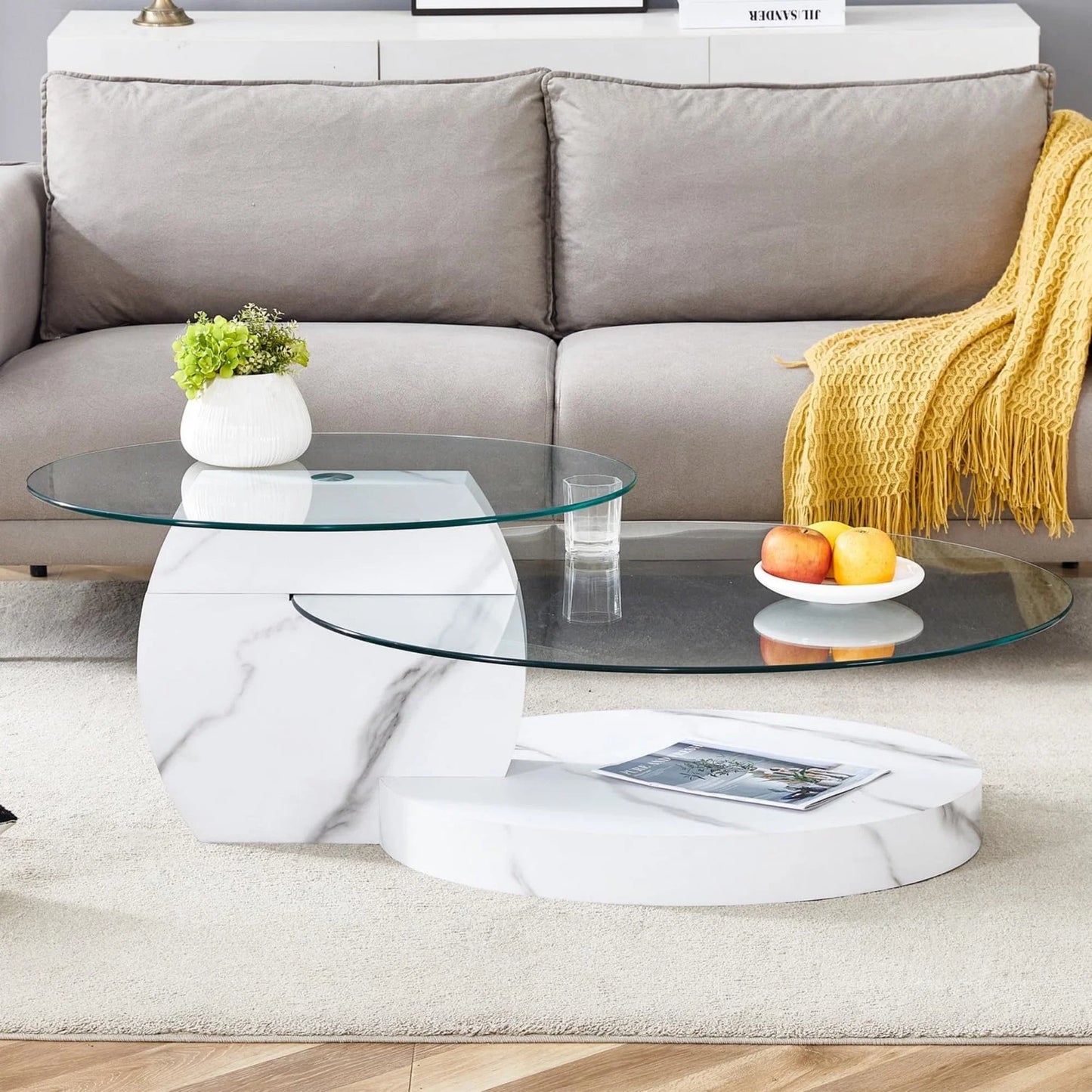 Sudica Modern Coffee Table with Double-layer Round Glass Tabletop,47" Tea Table with White Faux Marble Patterned Base,Center Table for Living Room