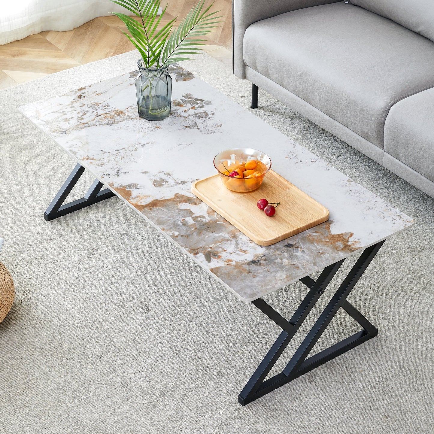 Sudica Multicolor Faux Marble Coffee Table with Black Legs, 47 inch Modern Rectangular Center Table for Living Room