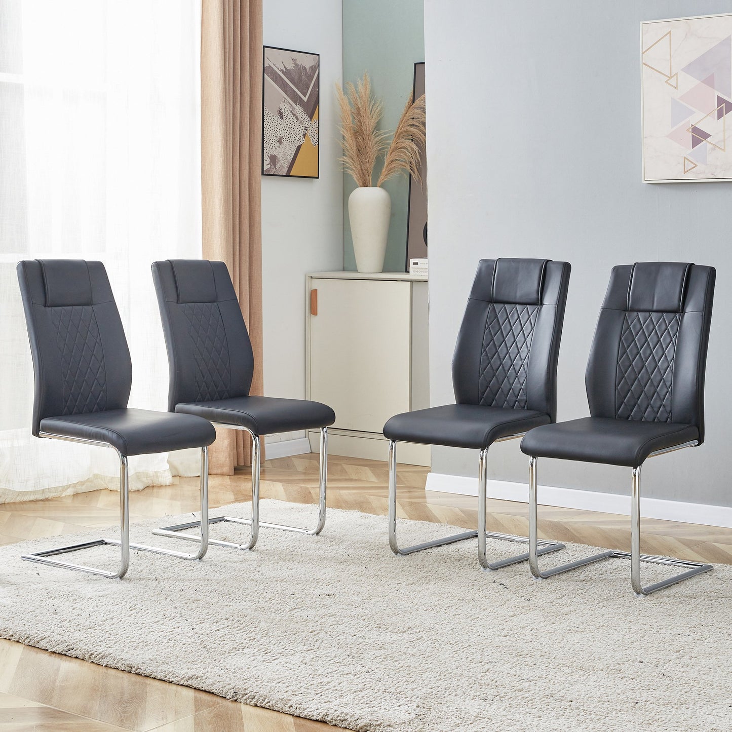 Sudica Upholstered Dining Chairs Set of 4 PU Leather Dining Room Chair with Silver Metal Legs,Black