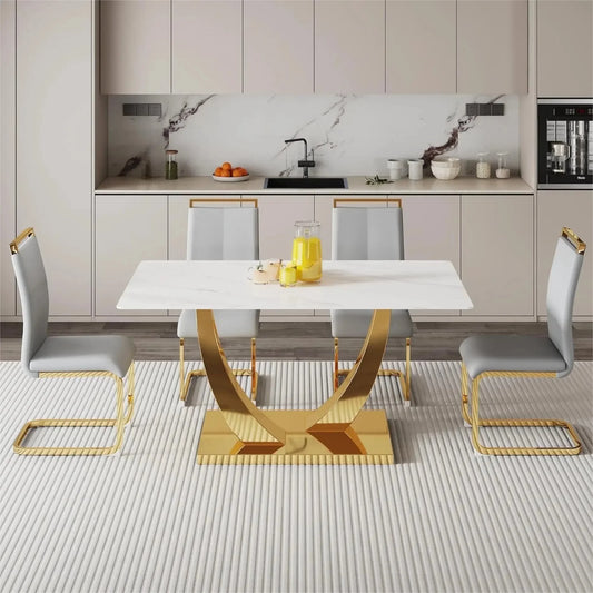 White and Gold Dining Table Set for 4, Faux Marble Dining Room Table Set for 4,63'' Rectangular Tempered Glass Top Kitchen Table Set and 4 Chairs for Dining Room Kitchen