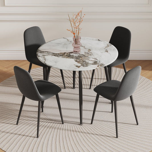 White Marble Table Set for 4, Compact 40 inch Round Table with Grey Linen Dining Chairs Modern Table and Chairs for Kitchen