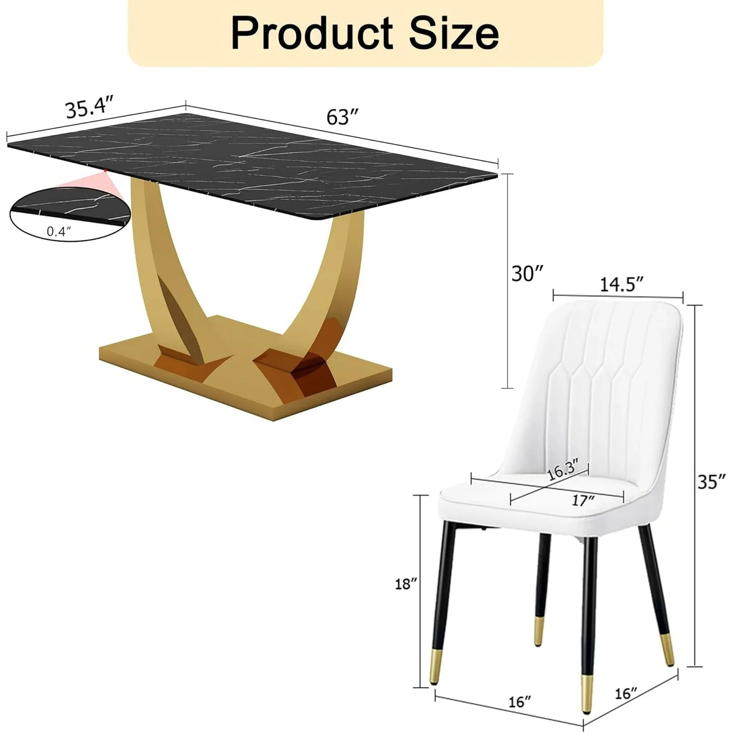 SUDICA 63" Dining Table Set, Black Faux Marble Glass Top, White PU Leather Chairs, Set of 6