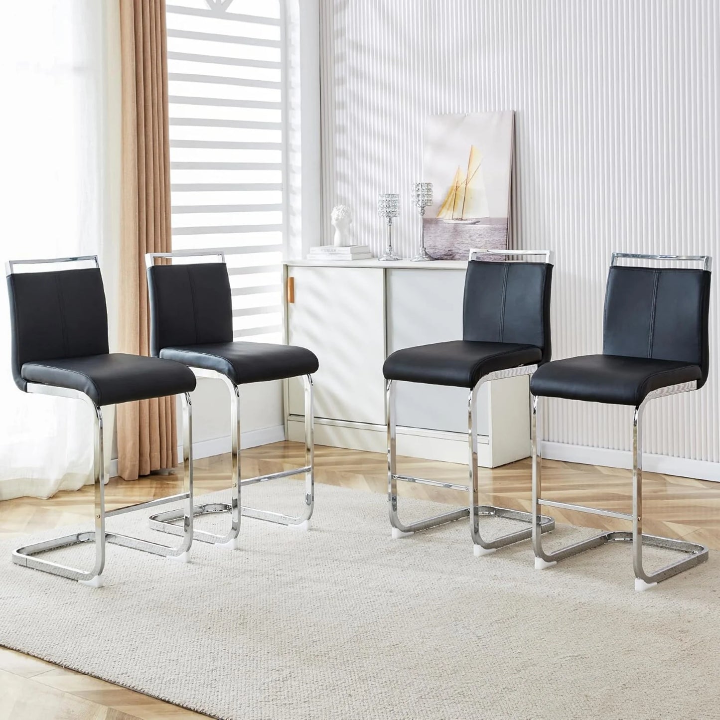Sudica Counter Height Bar Stools Set of 4,Modern PU Leather Barstools,25 inch Seat Height,Upholstered with Metal Legs,Black