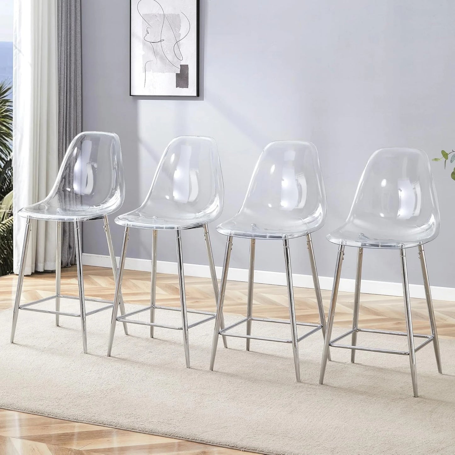 SUDICA Counter Height Bar Stools Set of 4, Clear PET Seats, Silver Metal Legs