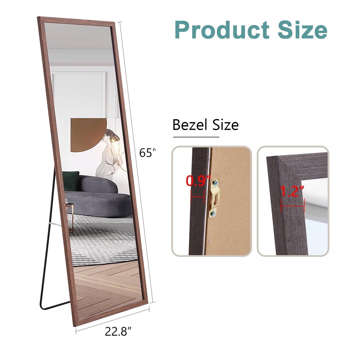 Wood Floor Mirror, 65"x 23" Sudica Thick Wooden Frame Full Body Mirror with Stand, Wall Mirror for Living Room, Gray