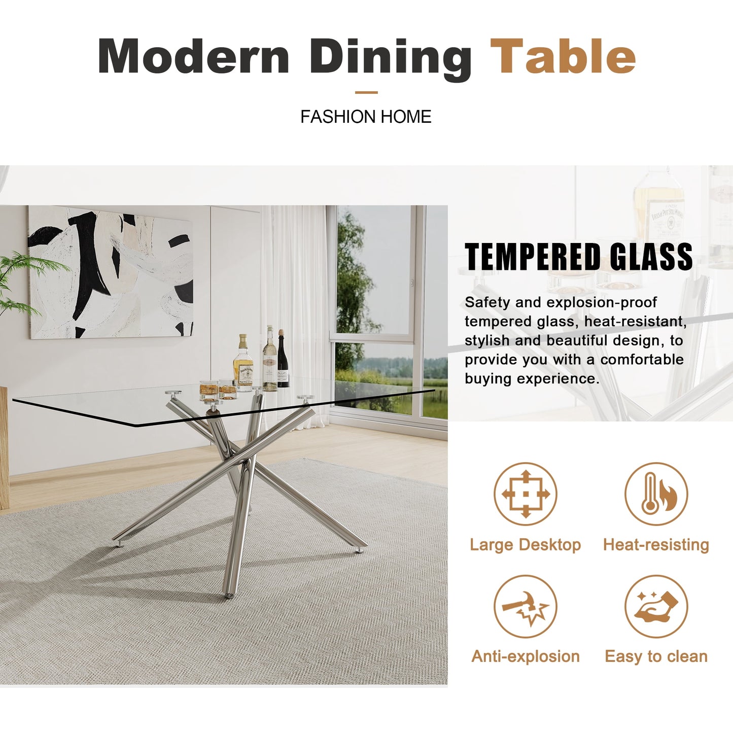 Sudica Modern Large Rectangular Glass Table for 6-8 with 0.39" Tempered-Glass Tabletop, Metal Legs for Kitchen Dining Room, Silver