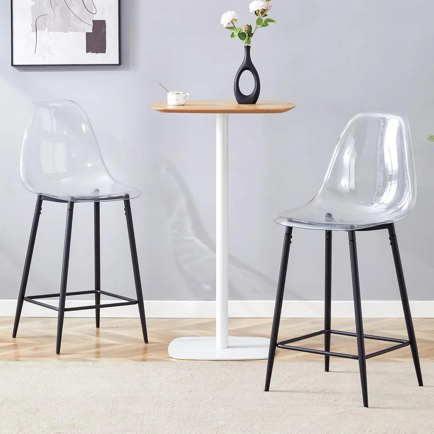 SUDICA Clear Acrylic Counter Height Bar Stools Set of 2 with Black Powder‑Coated Metal Frame