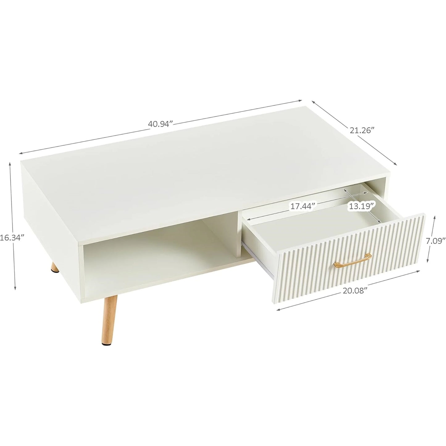Mid Century Wooden Coffee Table with Stripe Drawer,Modern 41" Large Center Table with Storage,Rectangular White Coffee Tables for Living Room, 2-Tier Cocktail Table, Solid Wood Legs