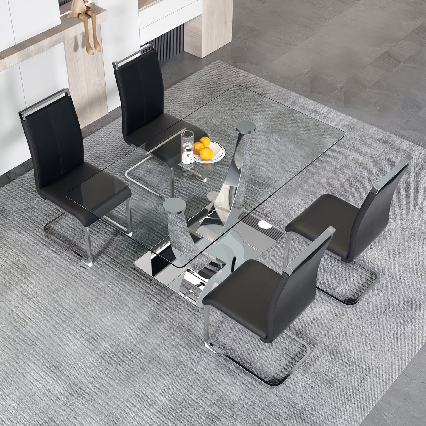 Glass Dining Room Table Set for 4, Sudica 63"Modern Kitchen Glass Dinner Table Set with 4 Upholstered Dining Chairs, Black