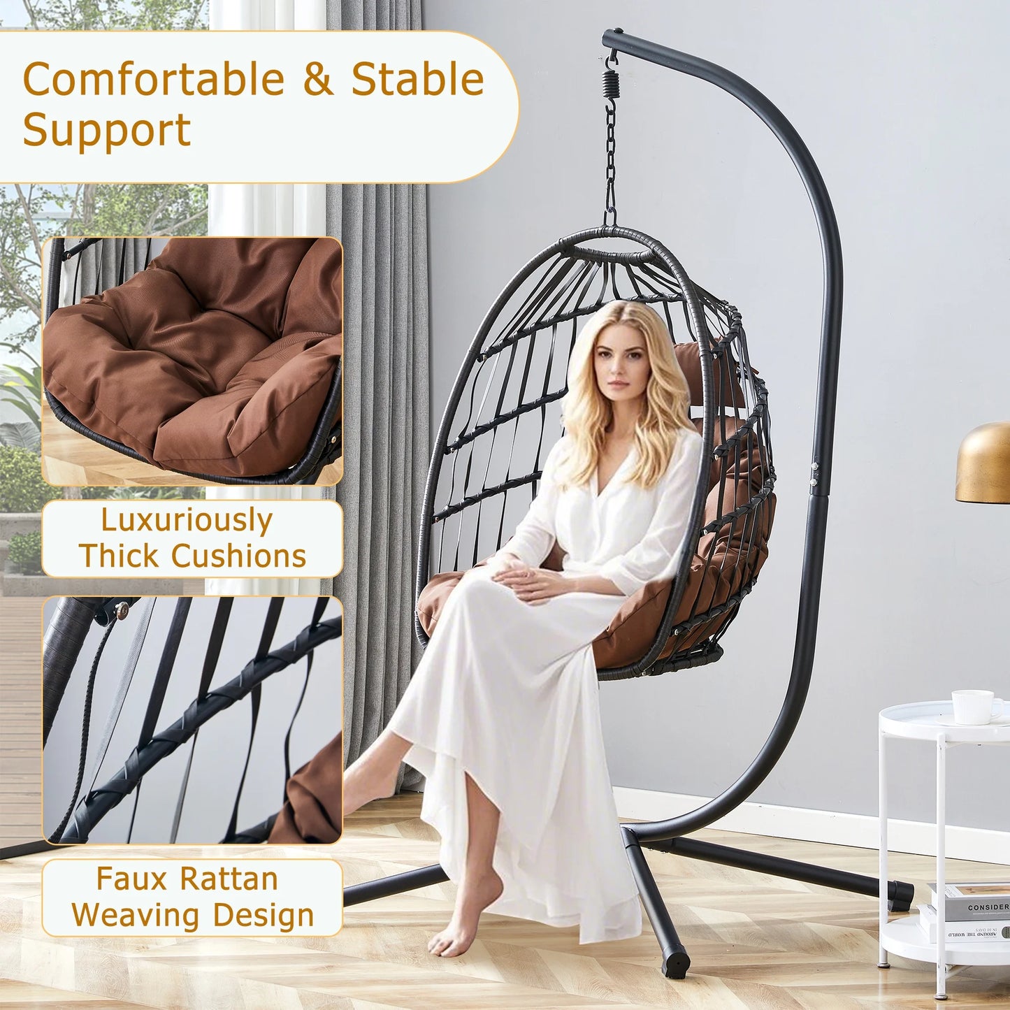 Sudica Hanging Egg Chair with Stand, Wicker Swing Chair with Soft Cushion for Indoor Outdoor Patio