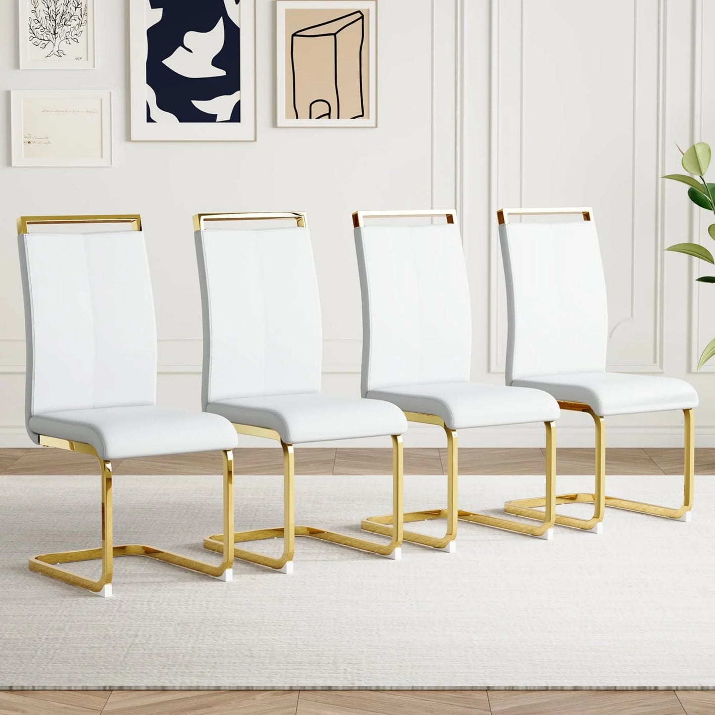 SUDICA Glass Dining Table Set with White PU Chairs for Dining Room, 5 Pieces
