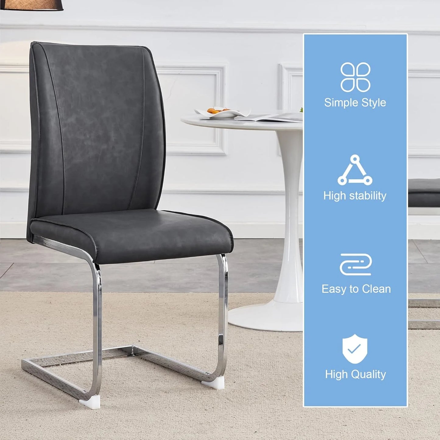 SUDICA Dining Chairs Set of 2, Gray PU Leather High Back for Kitchen or Dining Room