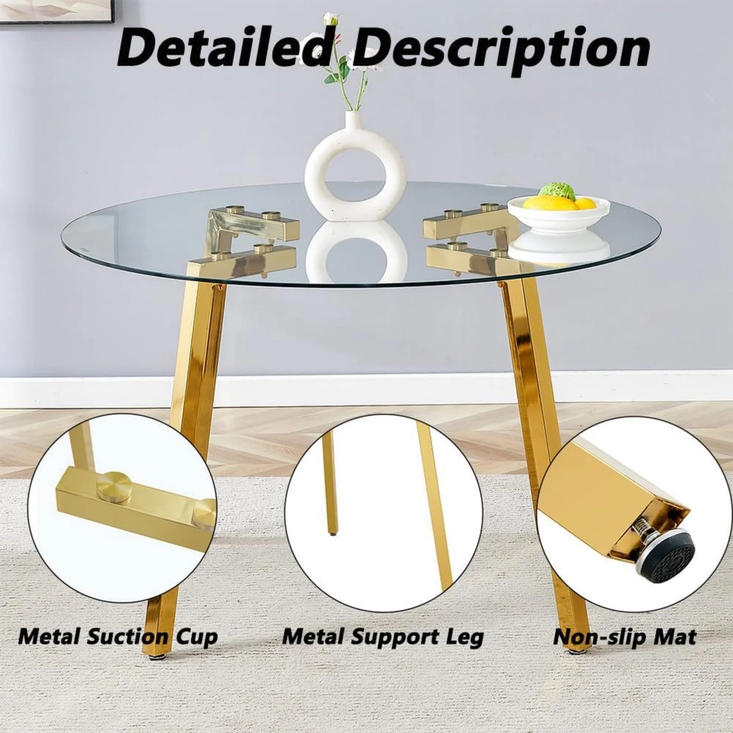 Sudica 47.3"Round Dining Table. Modern Minimalist Kitchen Table Glass with Metal Legs, for Kitchen, Dining Room, Golden