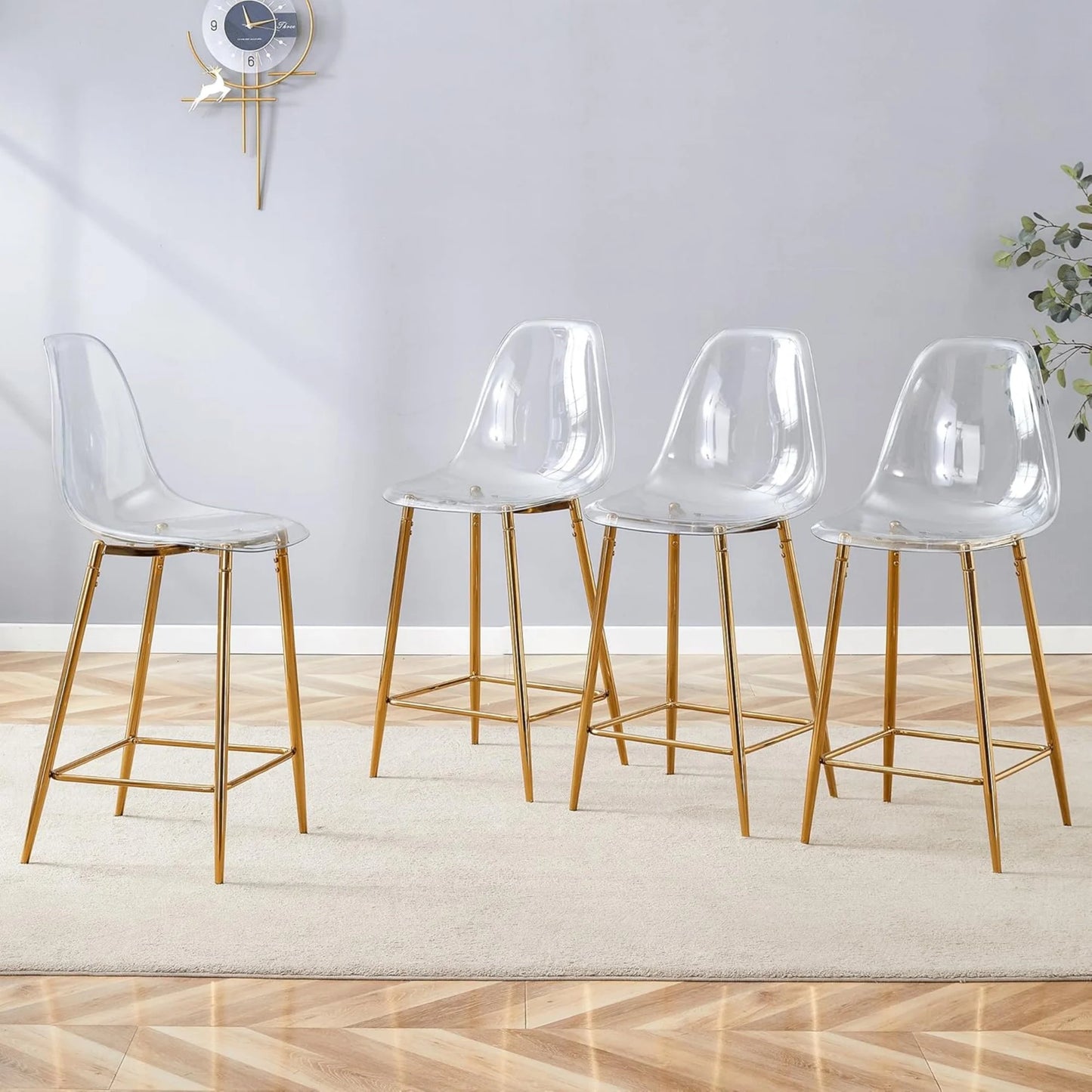 SUDICA Counter Height Bar Stools Set of 4, Clear Acrylic Seats, Gold Metal Legs, Indoor