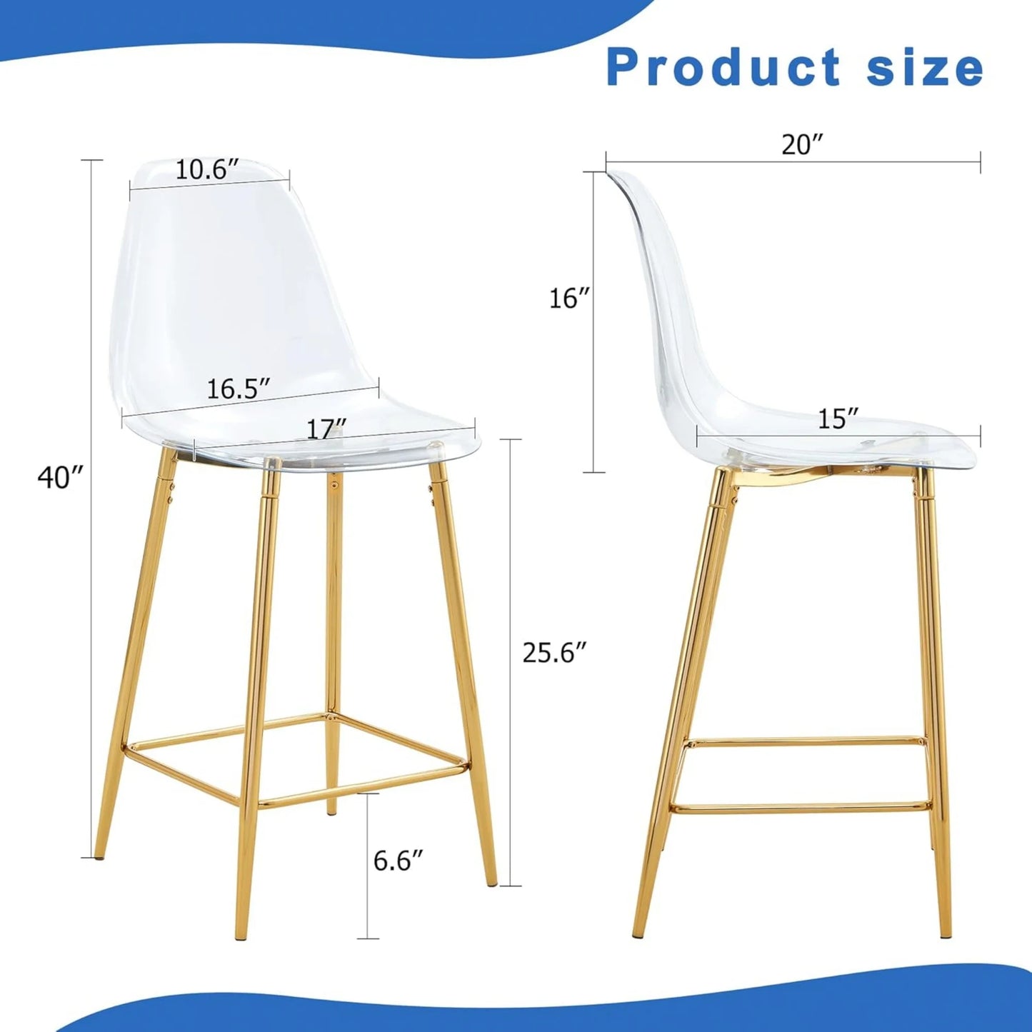 SUDICA Kitchen Island Bar Stools, Counter Height Set Of 2, Transparent PET Seats, Gold Legs, Indoor