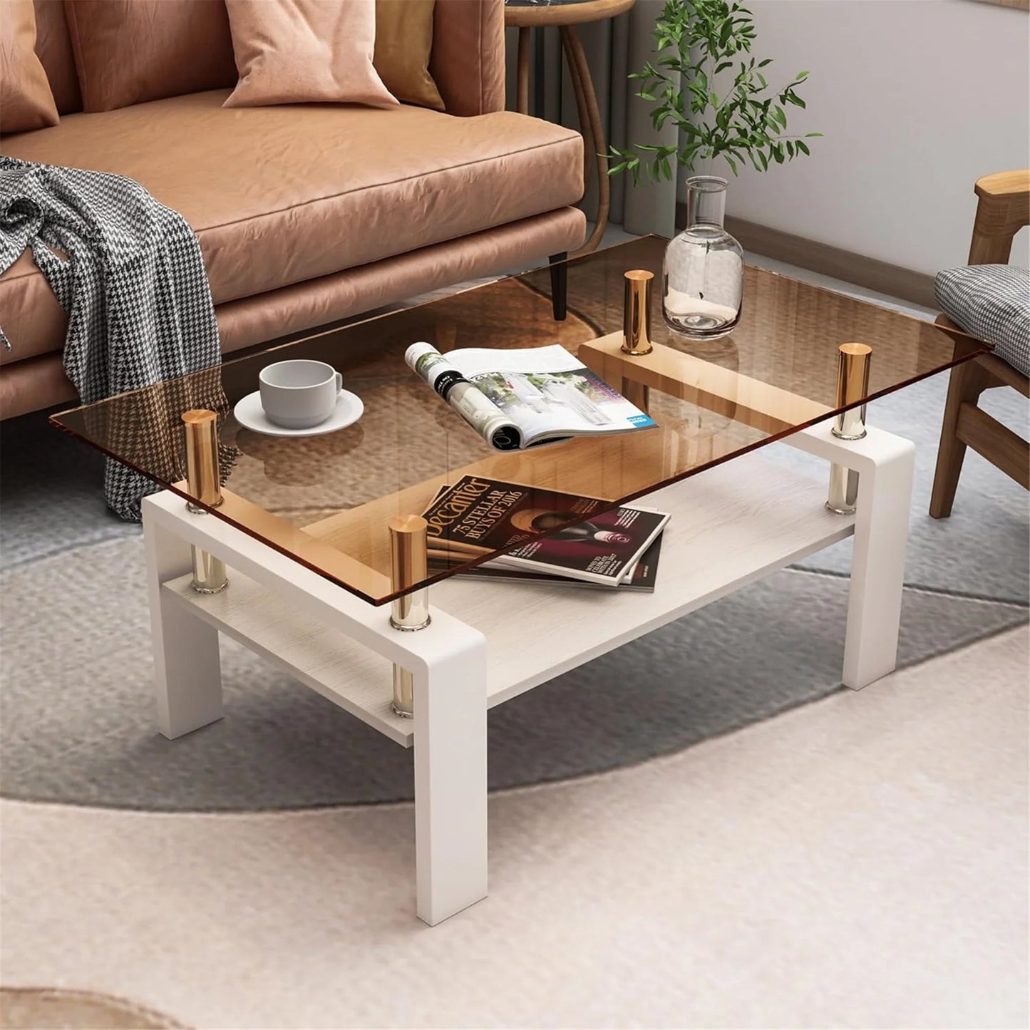 Glass Coffee Table Rectangle Living Room Center Table with Storage, Clear Tempered Glass Tabletop and Smoke Grey Leg,for Living Room and Office (Clear Smoke),Brown white