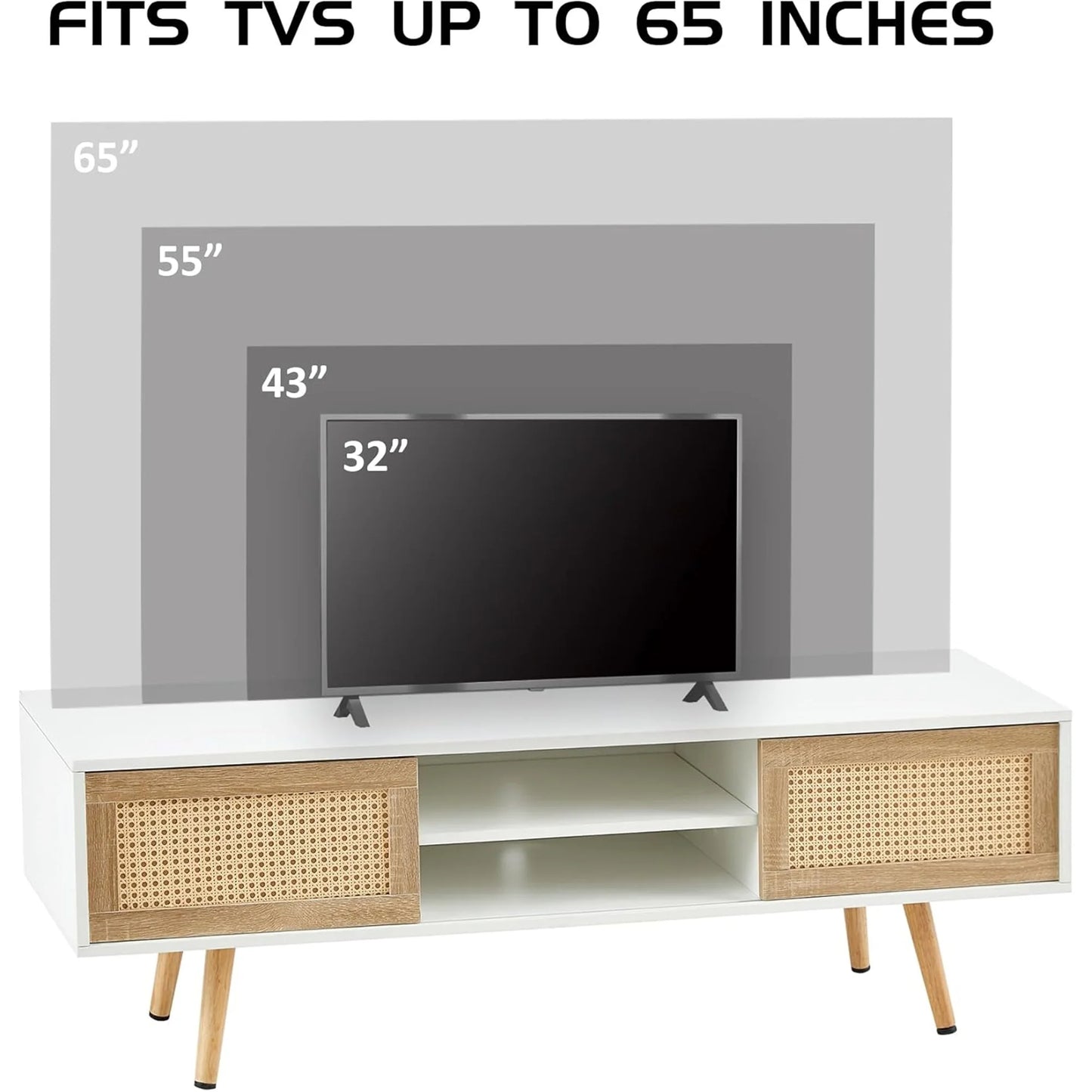 Rattan TV Stand for 65 Inch TV, Boho Entertainment Center with Adjustable Shelves & Metal Frame, Wood TV Media Console with Variable Light Strip for Living Room, White,White Wood