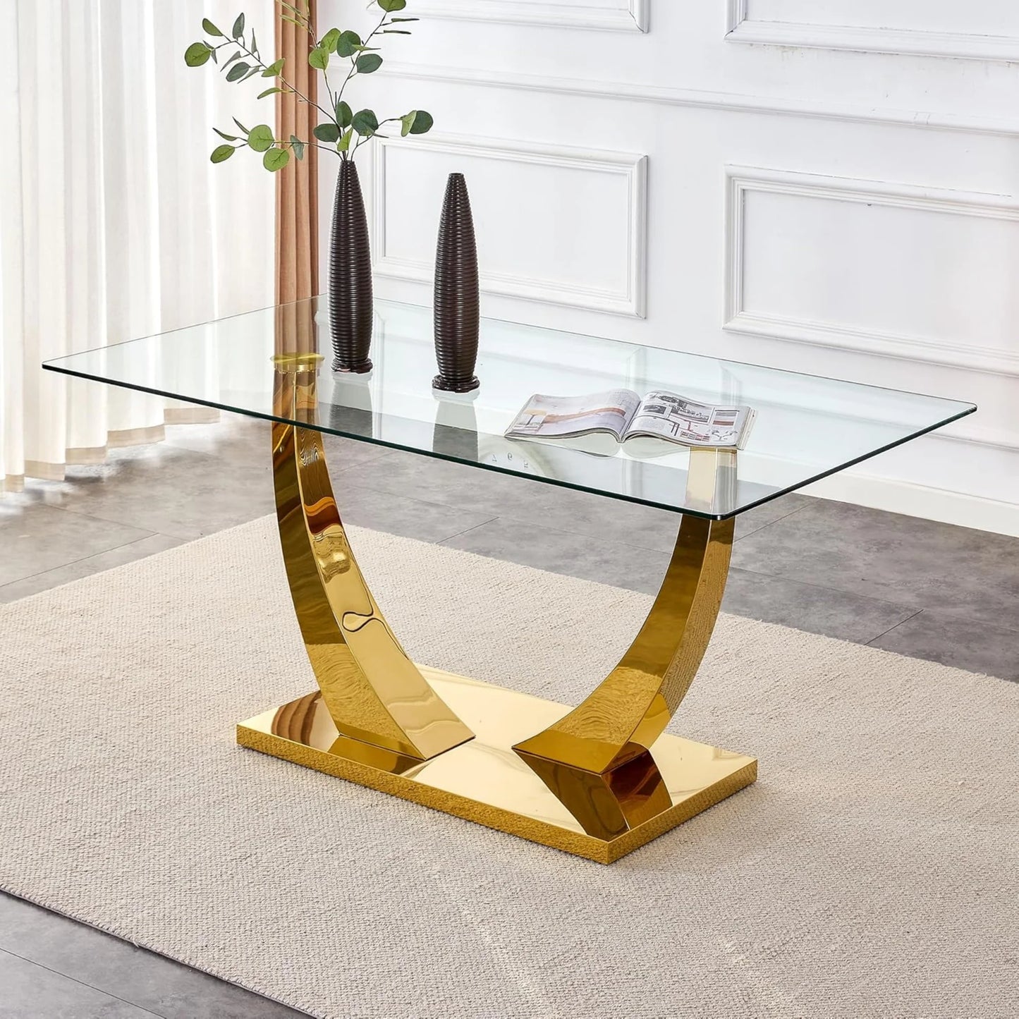SUDICA Glass Dining Table Set with Gray PU Chairs for Dining Room, 5 Pieces