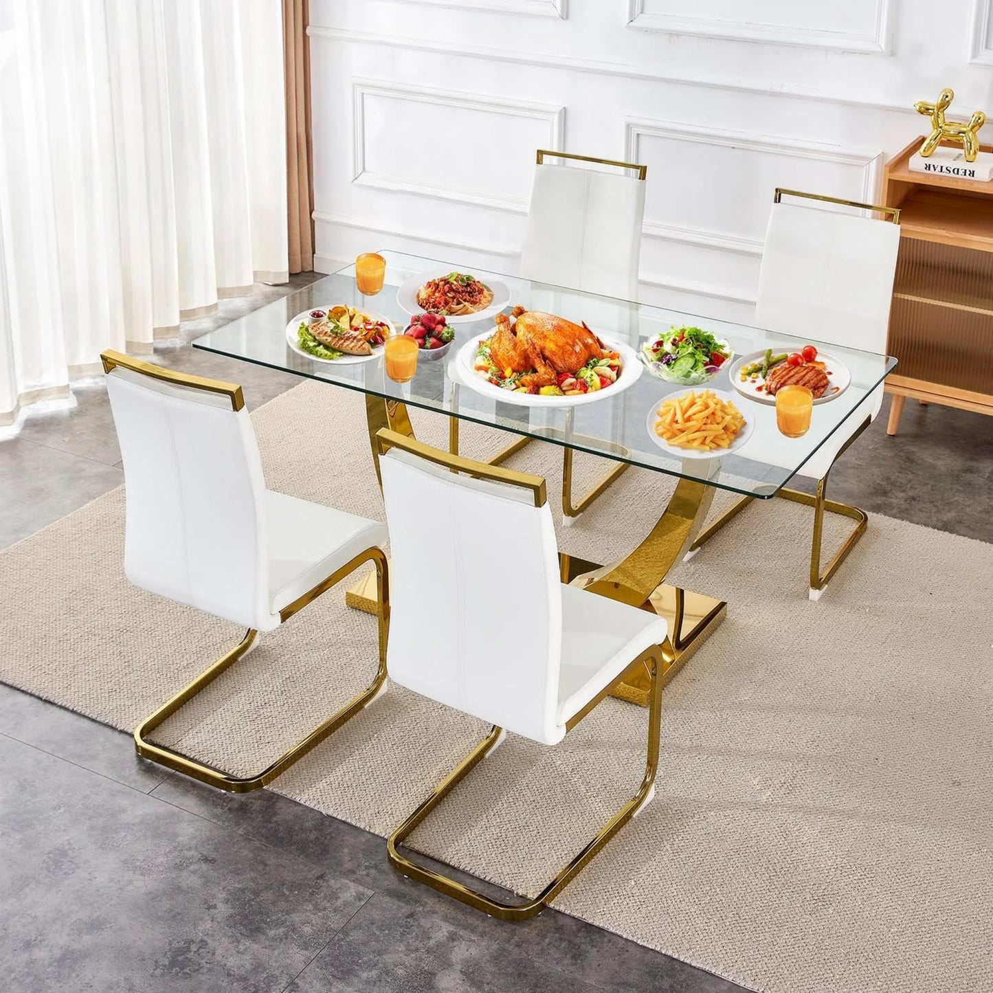 SUDICA Glass Dining Table Set with White PU Chairs for Dining Room, 5 Pieces