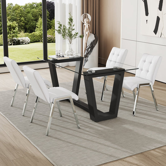 63" Glass Dining Table Set for 4, Sudica Black Legs Kitchen Table Set with Upholstered Faux Leather Dining Room Chairs, White