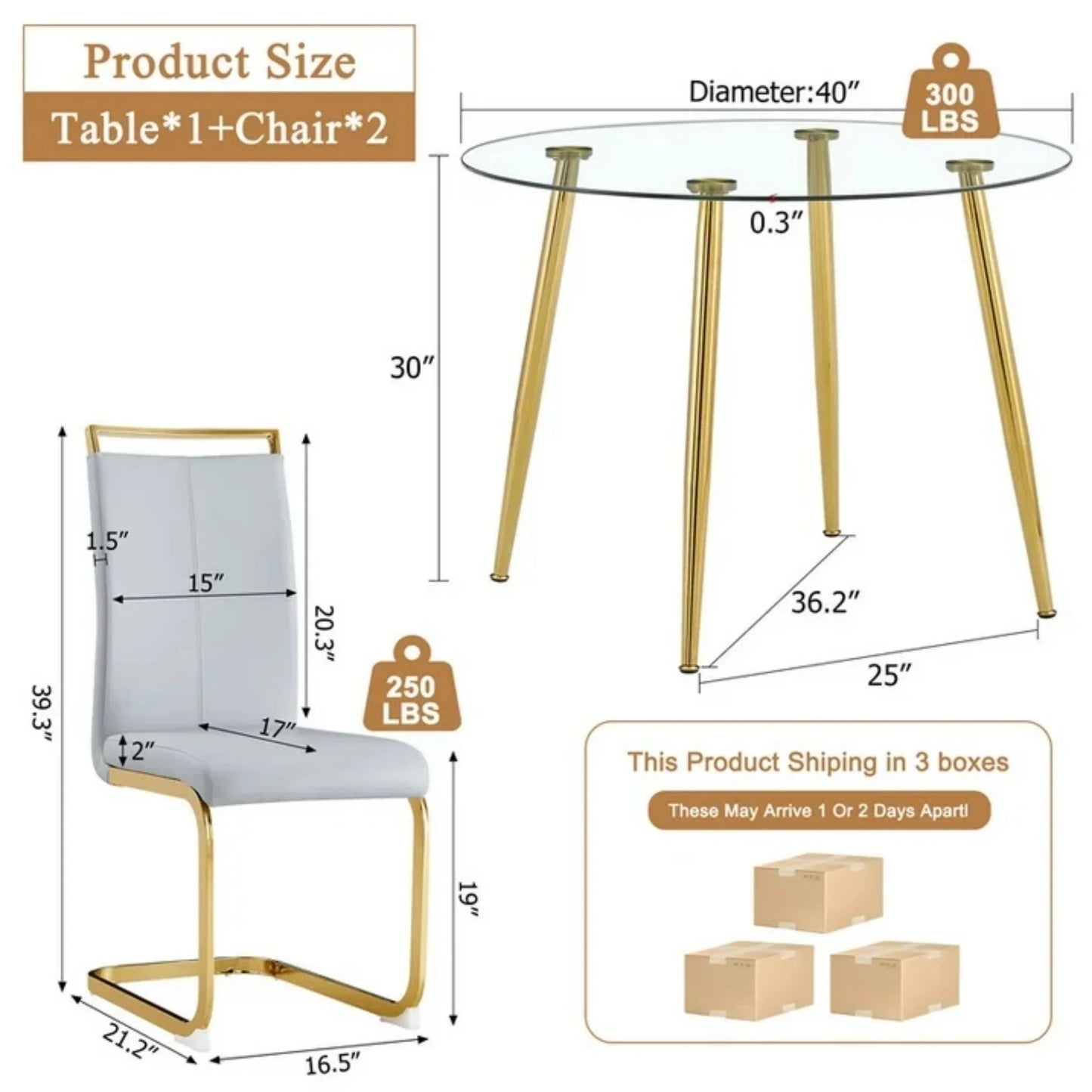 Sudica Round Dining Table Set for 2, 40in Tempered Glass & Grey PU Chairs, Gold Legs