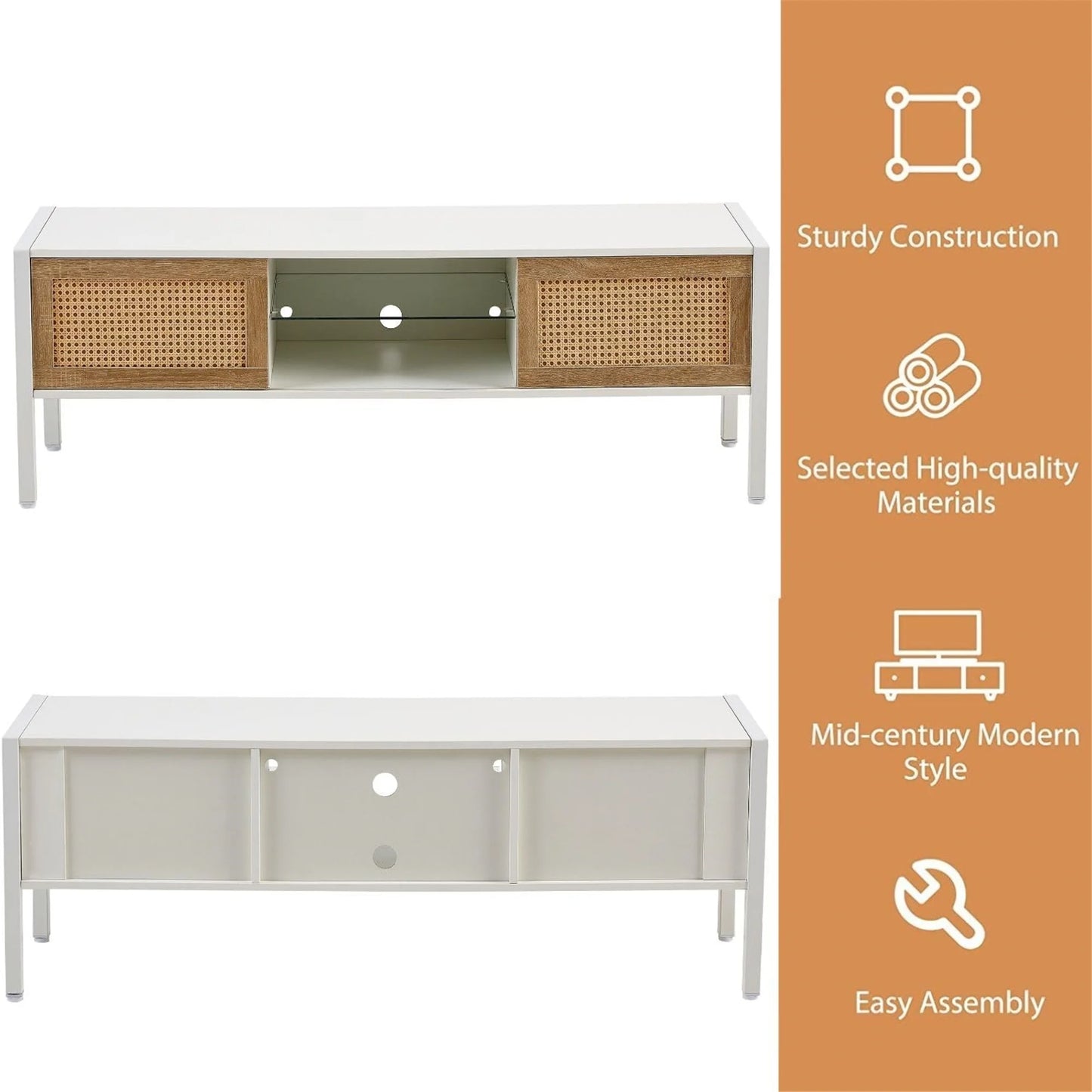Rattan TV Stand for 65 Inch TV, Boho Entertainment Center with Adjustable Shelves & Metal Frame, Wood TV Media Console with Variable Light Strip for Living Room, White