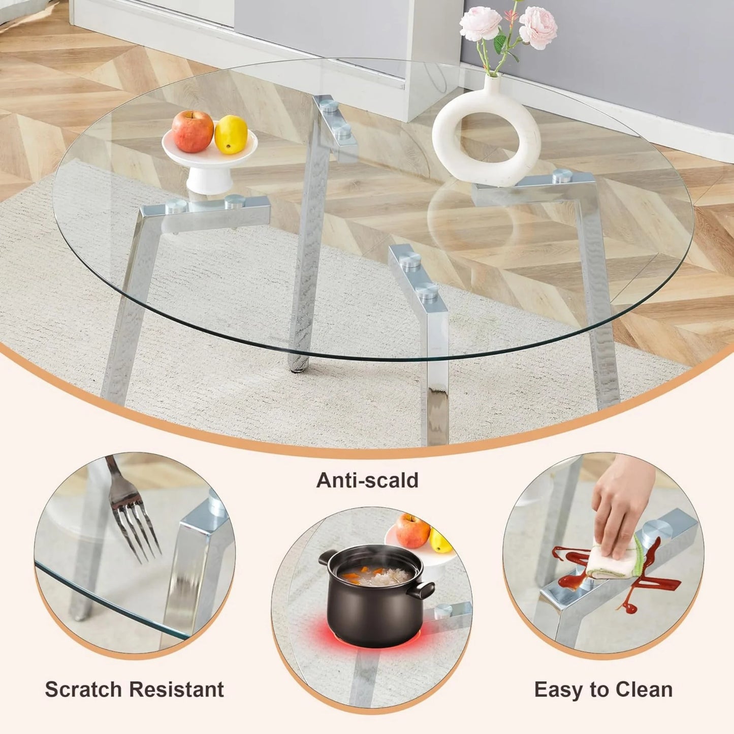 Sudica 47.3"Round Dining Table. Modern Minimalist Kitchen Table Glass with Metal Legs, for Kitchen, Dining Room, Silver