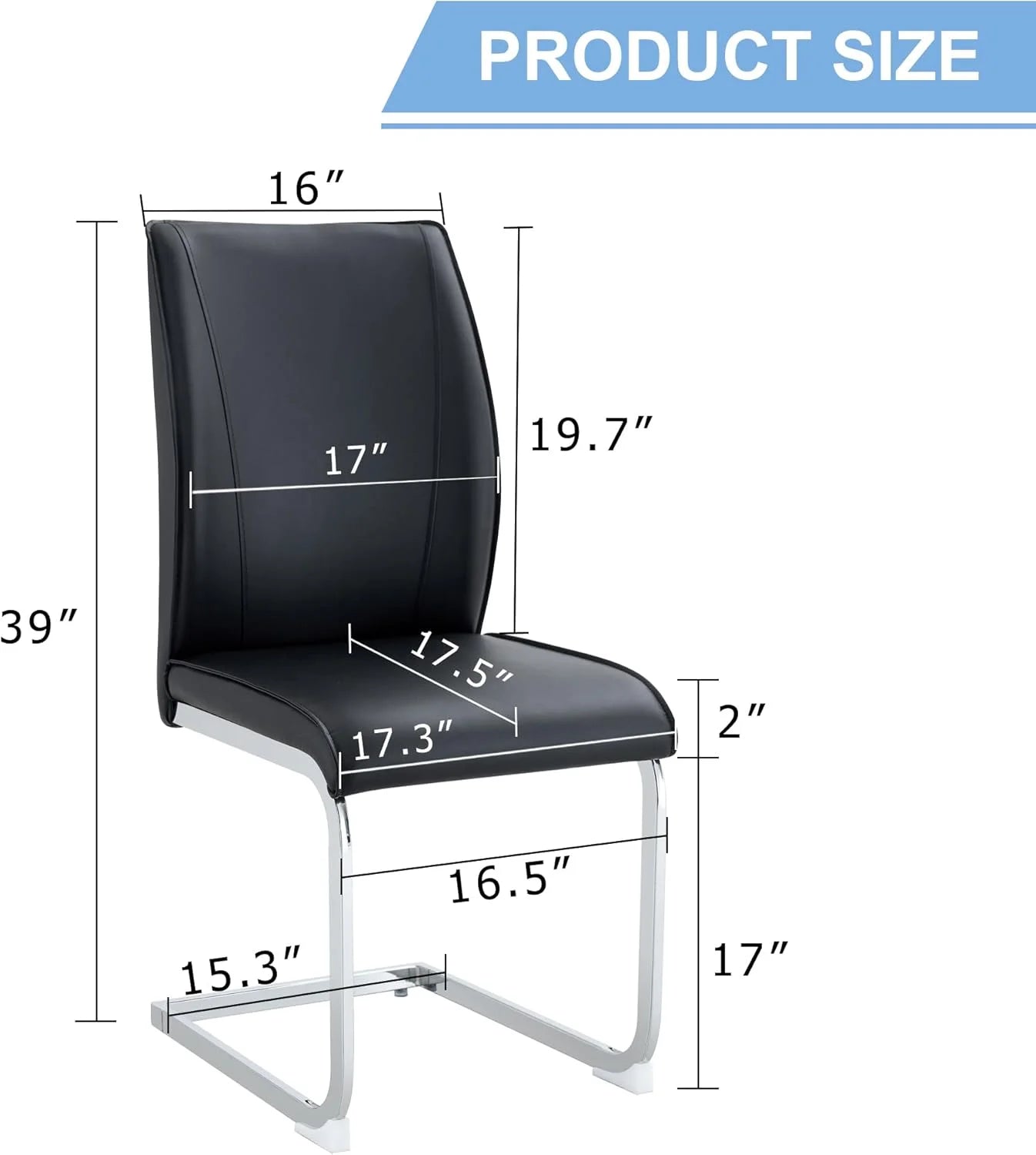 SUDICA Dining Room Chairs, Black Faux Leather High Back, Chrome Metal Legs, Set of 4