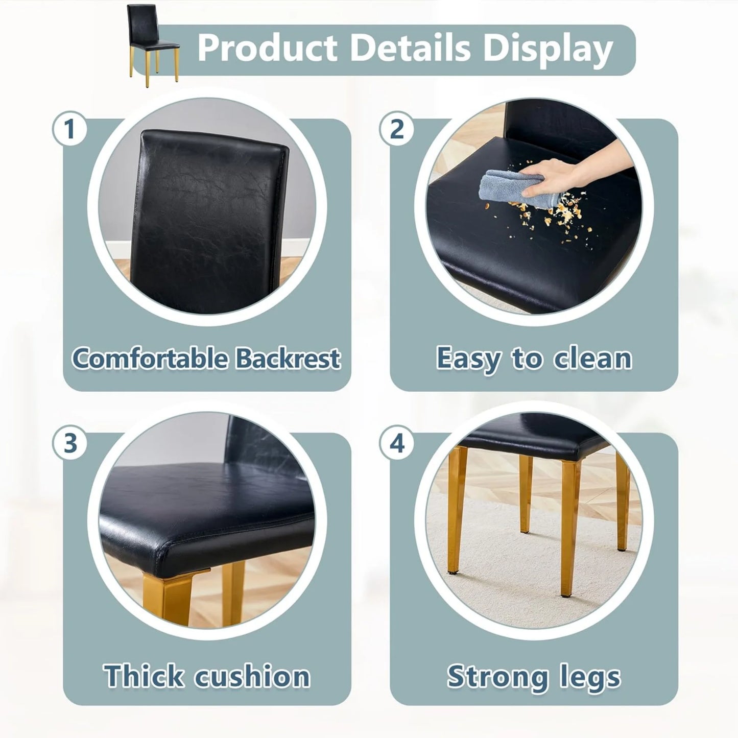 SUDICA Modern Black Faux Leather Dining Chairs Set of 2, Gold Metal Legs for Kitchen