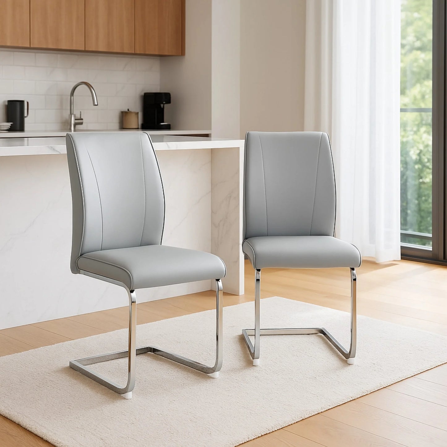SUDICA Dining Room Chairs, Light Gray Faux Leather High Back, Chrome Legs, Set of 2