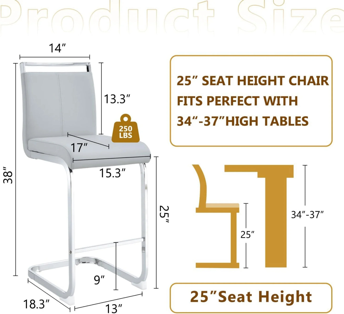 SUDICA Adult Bar Stools - Set of 4, Modern PU Leather and Upholstered with Metal Legs, Gray