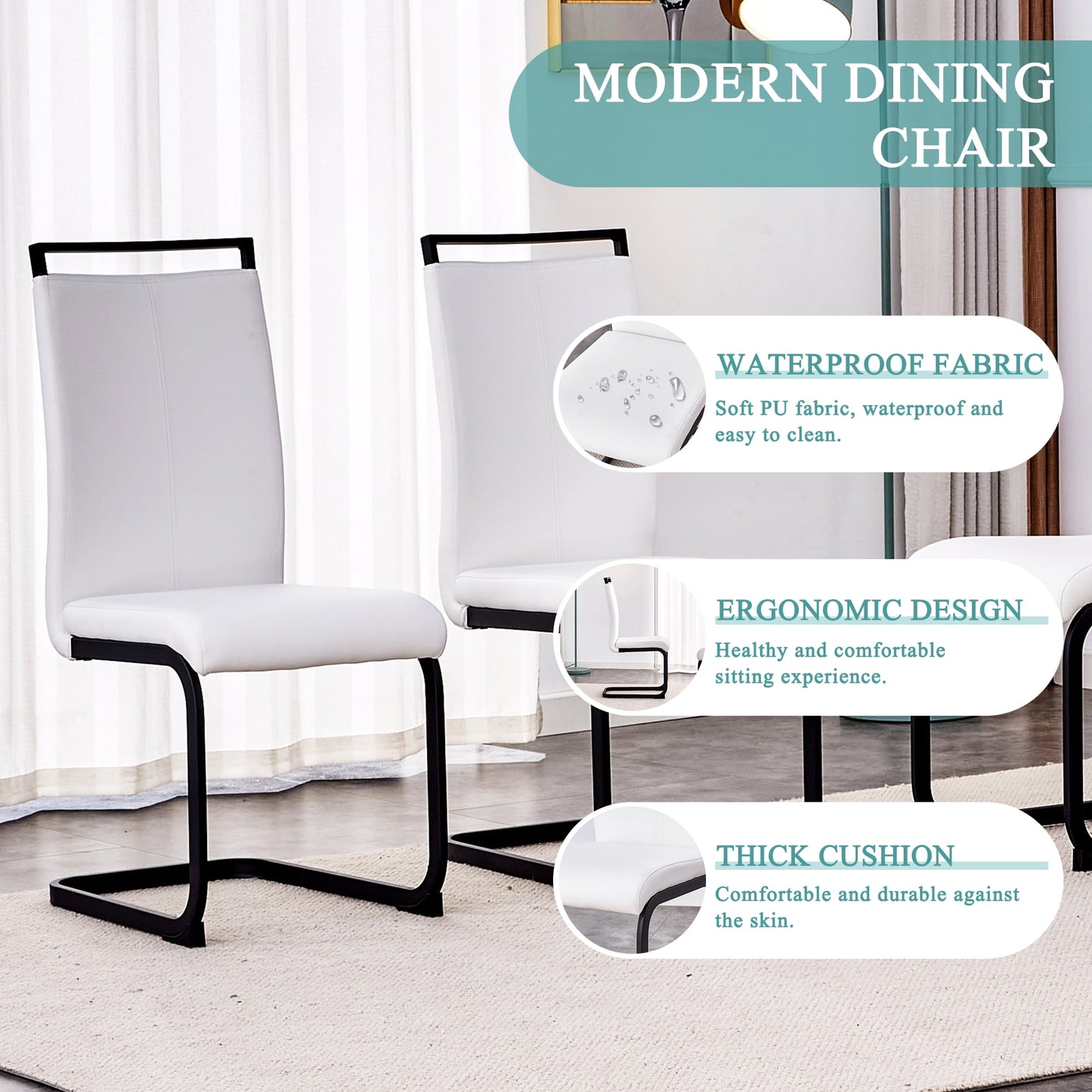 Sudica Dining Set for 6, Rectangular Marble Kitchen Table with Uphlostered White Dining Room Chairs, Black Legs