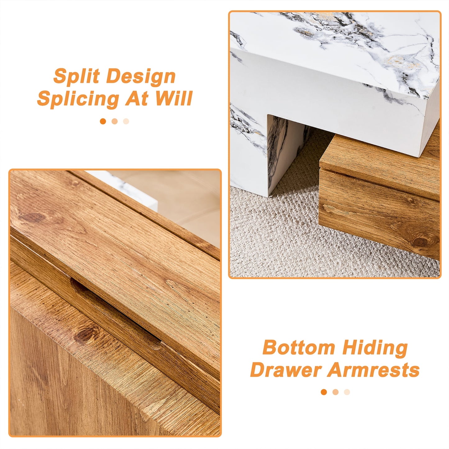 Sudica Modern Coffee Table Rustic Rectangular Faux Marble Center Table with Wooden Storage Drawer, White Cocktail Table
