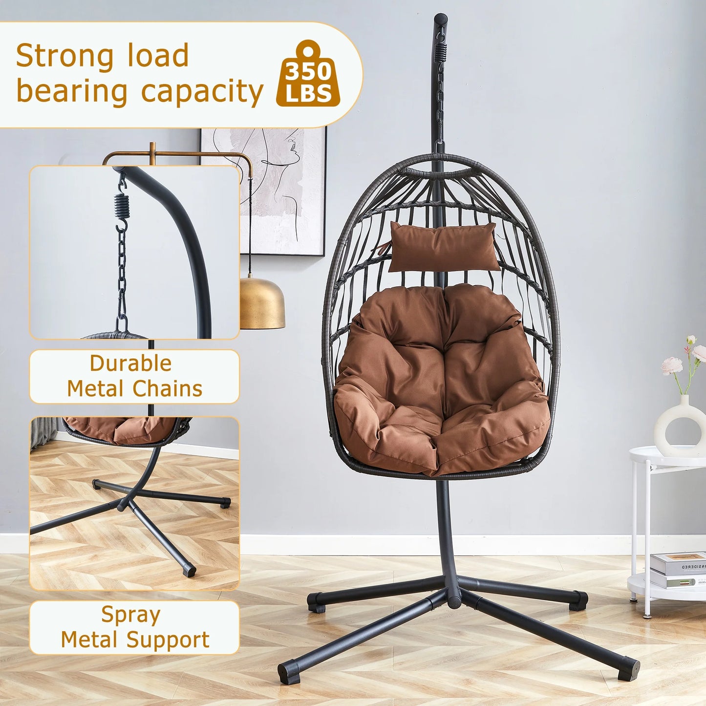 Sudica Hanging Egg Chair with Stand, Wicker Swing Chair with Soft Cushion for Indoor Outdoor Patio