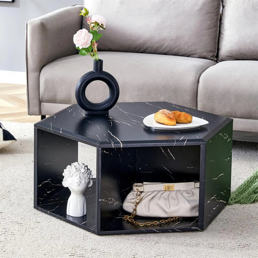 Faux Marble Coffee Table with Storage, Geometric Living Room Table