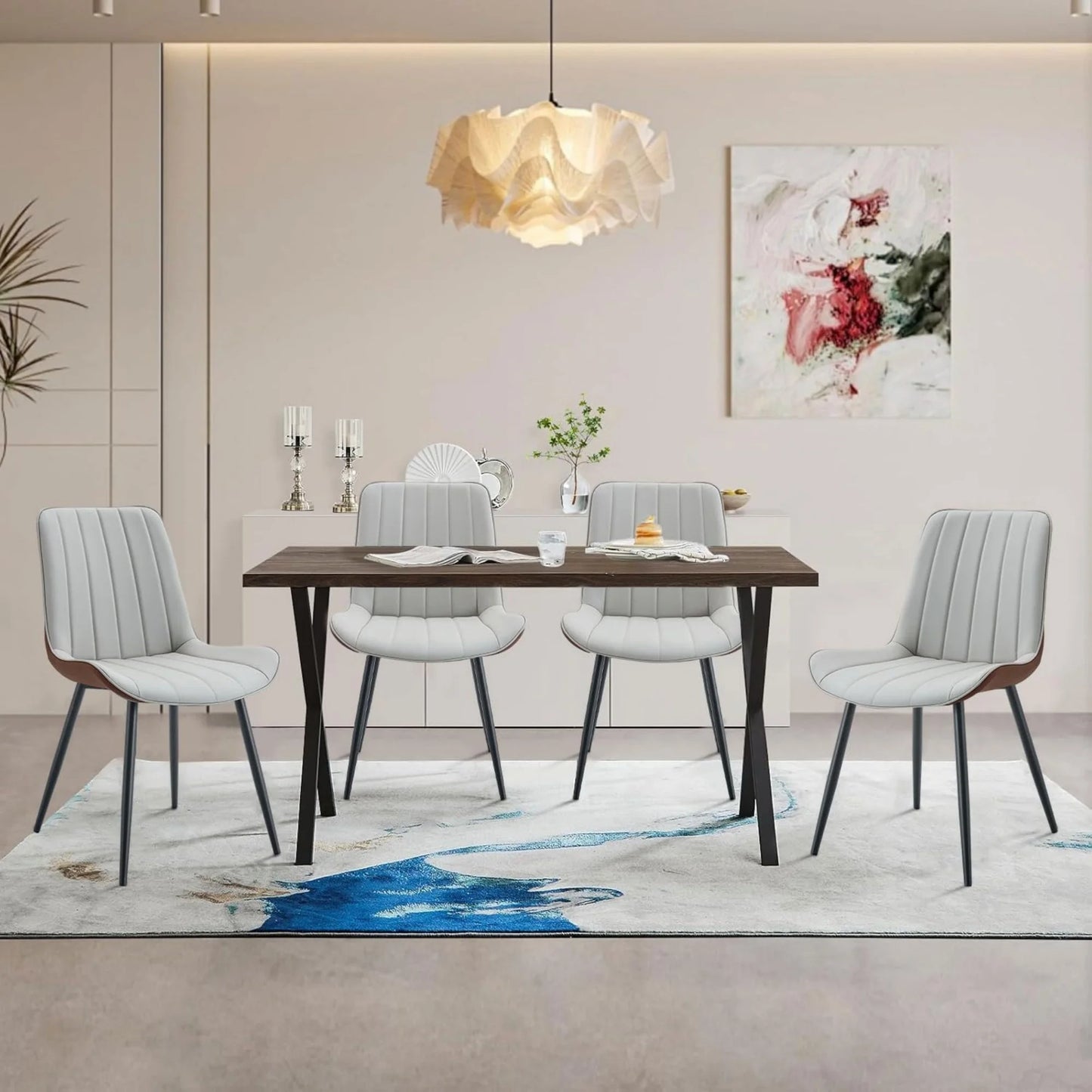 PU Leather Dining Chairs Set of 4, Modern Dining Kitchen Chairs with Cushion Seat Back Metal Legs, Upholstered Chairs for Home Kitchen Restaurant Dining Living Room (Beige)