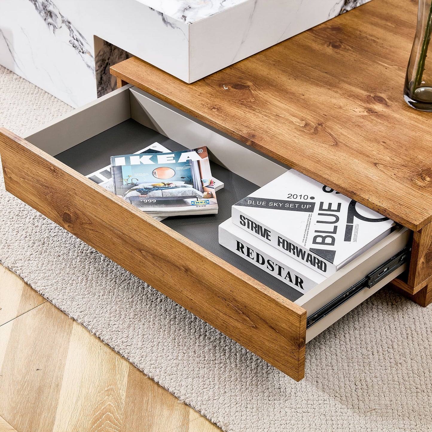 Sudica Modern Coffee Table Rustic Rectangular Faux Marble Center Table with Wooden Storage Drawer, White Cocktail Table